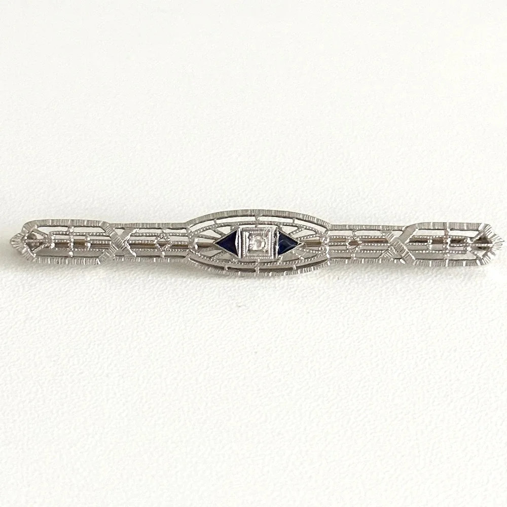 Antique 14K Solid White Gold Sapphire & Diamond Intricate Detail Bar Brooch Pin